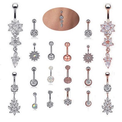 9Pcs/Set Dangle Crystal Rhinestone Belly Button Ring Navel Bar Piercing Jewelry