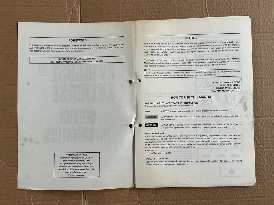 YAMAHA SUPPLEMENTARY WORKSHOP SERVICE INFORMATION MANUAL XV1100 XV1000 SE VIRAGO - Image 2 of 4