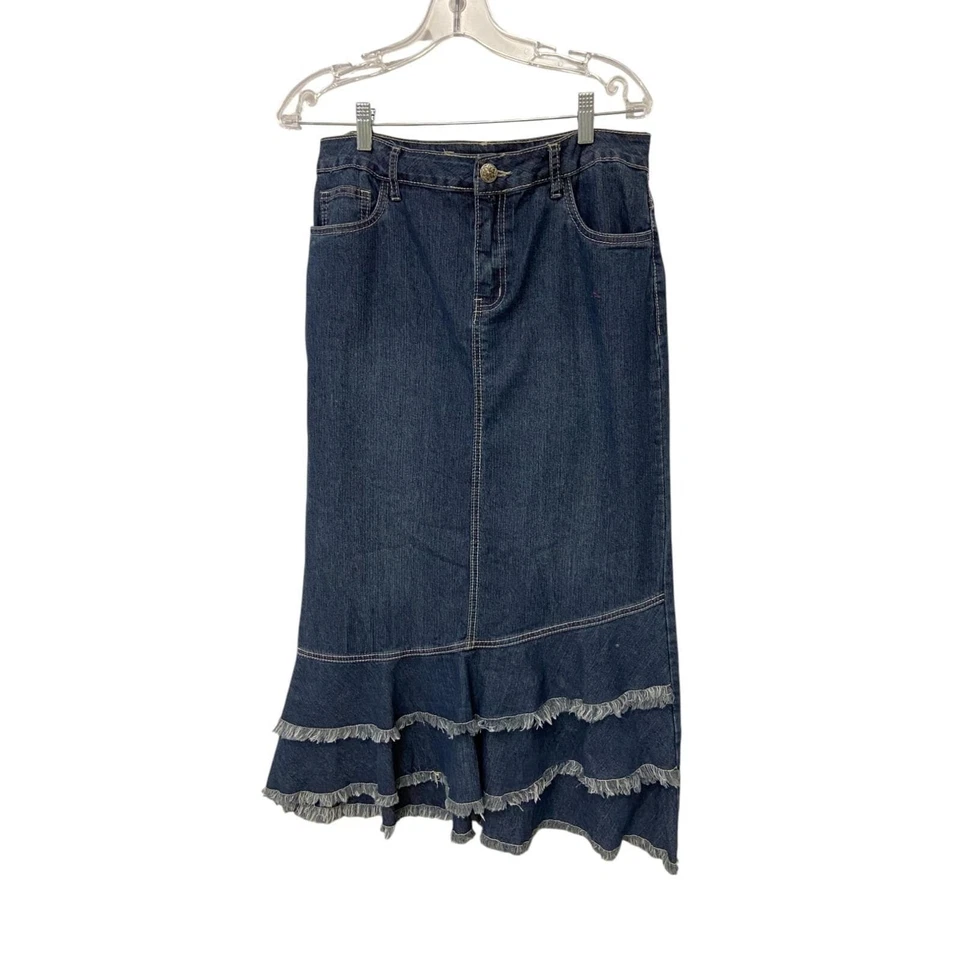 Maxi Falda Baccini Azul Denim Mujer Talla 10 Volantes Flecos Ribete 5 Bolsillos Foto 2 de 4