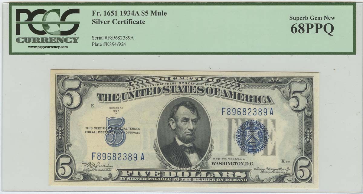 1934A $5 Silver Certificate FR# 1651 PCGS 68PPQ Superb Gem