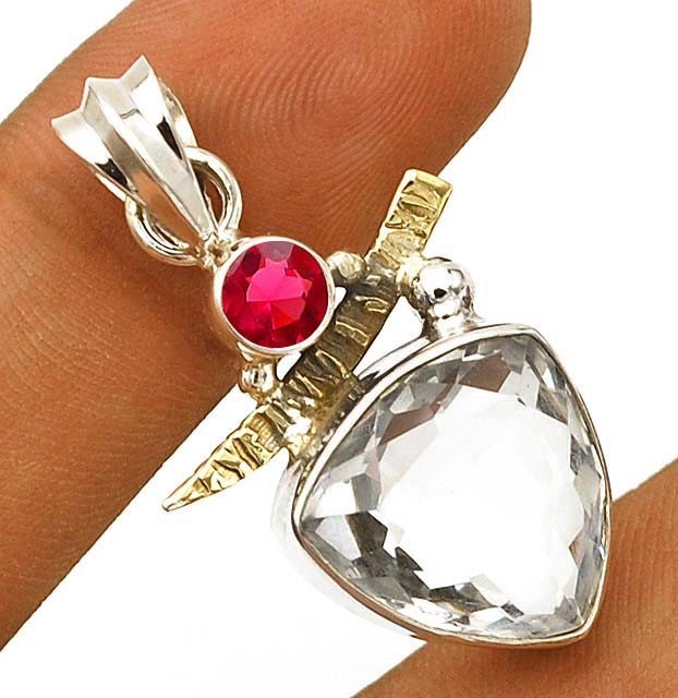 Natural 6CT Two Tone White Topaz 925 Solid Silver Pendant, 1 1/2" Long @3-1