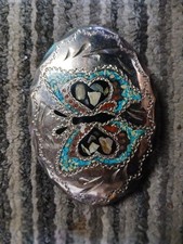 Vintage Hand Made Turquoise Coral Abalone Inlay Butterfly Oval Buckle Belt