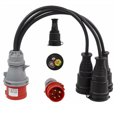 CEE Adapter High Current 16A Plug to 3x 230V Rubber Coupler 3x3500W with Cable