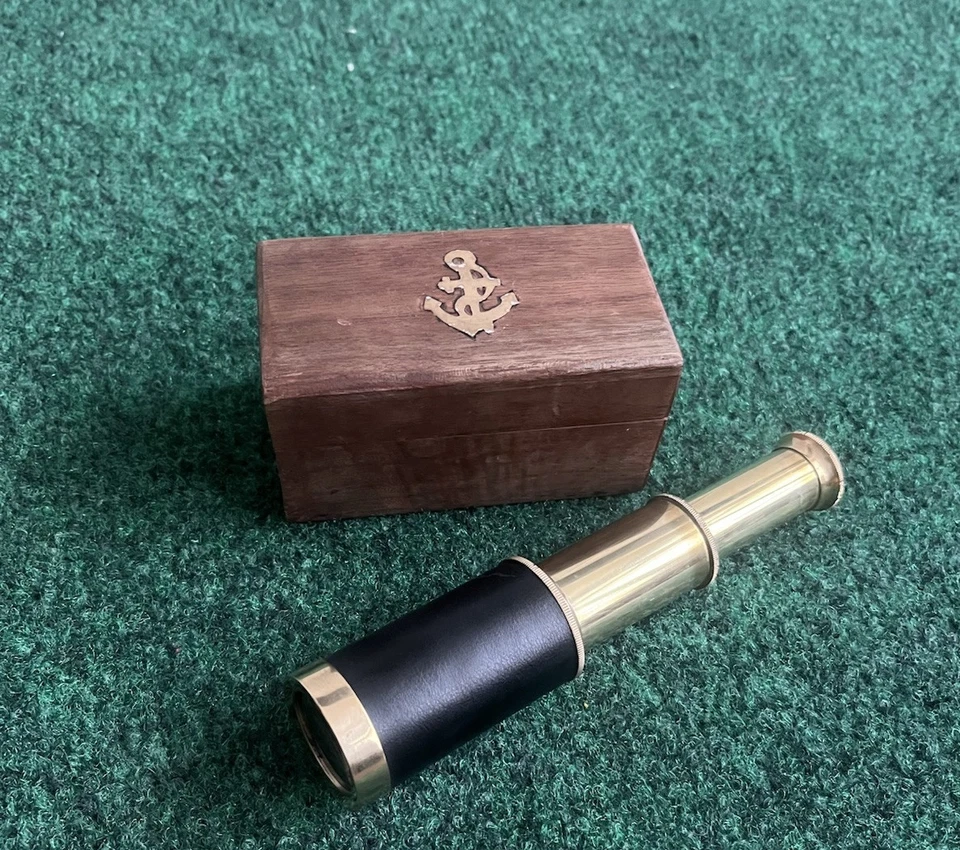 Telescopio de Latón 6" Empuñadura de Cuero y Caja de Madera Espía Náutica Regalo Marítimo Foto 2 de 3