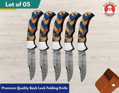 Lot of 5 Handmade Damascus Steel Folding Pocket Knife Back Lock Camping Hunting
