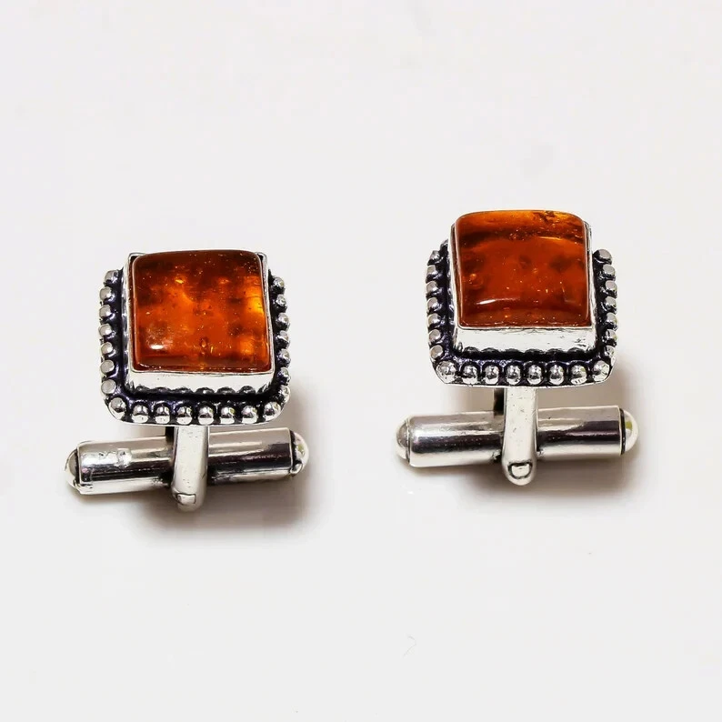 Gemelos de plata de ley 925 con piedras preciosas de ámbar báltico regalo especial para hombre Foto 2 de 4