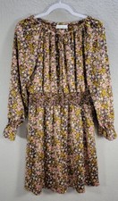 Heatherly Microfloral Dress Silky Feel Burgundy Puff Sleeve Boat Neck Short Sz M