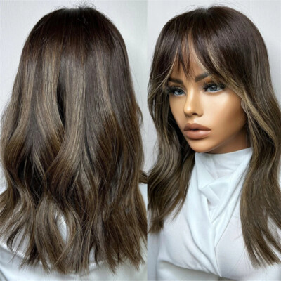 Ombre Brown Body Wave13x4 Lace Front  Human Hair Wig With Bangs High Density