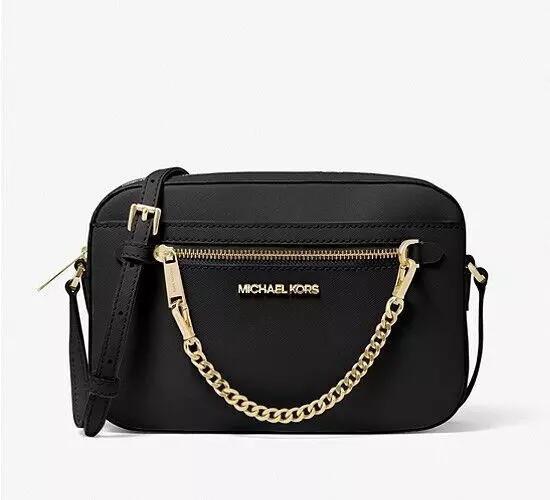 Michael Kors Jet Set Item Large East West Saffiano Leather Zip Chain Crossbody Handbag (Black Solid/Gold)