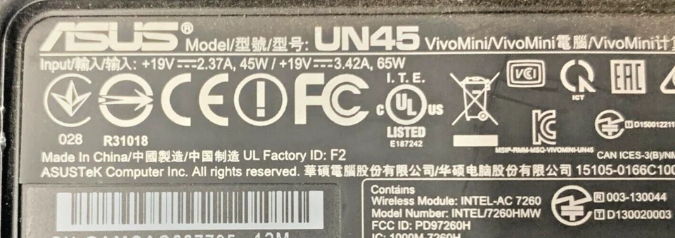 Asus Vivo UN45 Mini - Celeron N3150 - 8GB RAM - 256GB SSD - WIN10 (OFFERS OK) - Image 3 of 4