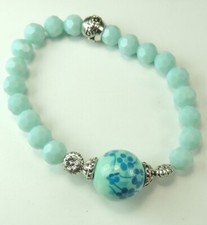 Turquoise Crystal Porcelain Flower Stretch Bracelet Handmade Jewelry