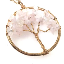 Rose Quartz Gem Tree Of Life Necklace Gold Tone Heart Chakra Love Healing 20"