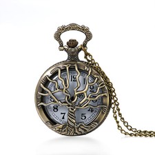 Antique Retro Tree Of Life Quartz Pocket Watch Pendant Necklace Sweater Chain