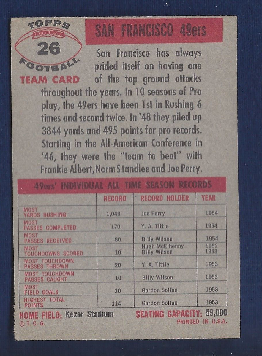 1956 TOPPS #26 SAN FRANCISCO 49ERS TEAM CARD EX .99 SH M116 | eBay