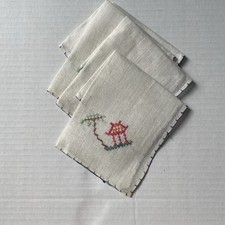 VINTAGE - SET OF 4 EMBROIDERED HANDMADE HANDKERCHIEF/NAPKINS, BLUE, RED, PAGODA