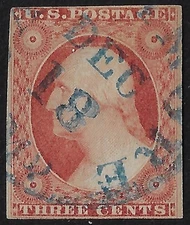 1851-57 Scott 10A used, 3c orange- brown, type II. Blue cxl. CV $150 (a7028