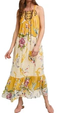 Anthropologie Paradiso Koi Fish Embroidered yellow cream Maxi Dress, Size XS