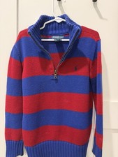 Polo Ralph Lauren Boys Size 6 Blue Red Striped Pullover Sweater 1/4 Zip