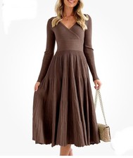 Sadomailsu Brown Sweater Knit Midi Dress V Neck Long Sleeve Fit & Flare Size L