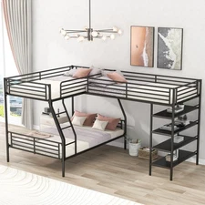 L-Shaped Metal Twin over Full Bunk Bed and Twin Size Loft Bed w/Four Built-in Sh