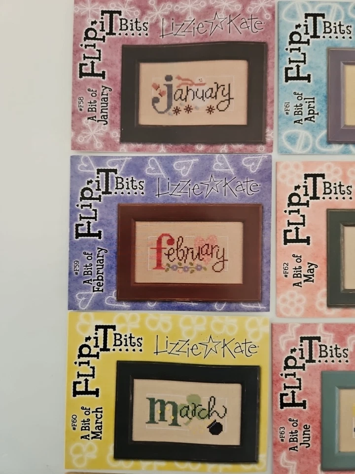 LOT OF 12 Lizzie Kate JAN-DEC MONTH Flip-It Bits Cross Stitch Patterns & Buttons - Image 2 of 4