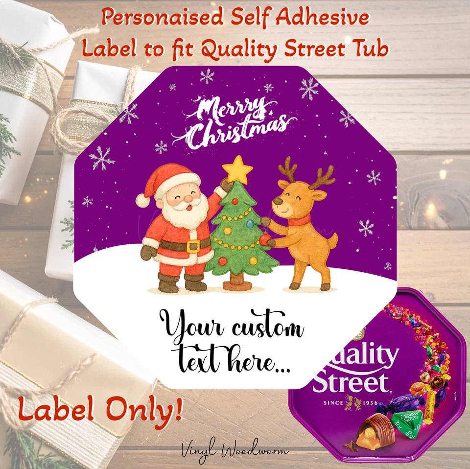 VINYL WOODWORM Personalised Christmas Gift Chocolate Tub Label Sticker for Quality Street xmas