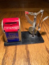 Vtg US Mail Box Metal Stamp Roll Dispenser Red Blue Letter Holder Scale to 2 oz