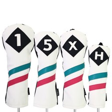 Majek Retro Golf 1 5 X H Driver Wood Hybrid Headcover White w/ Teal Pink Stripe