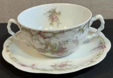 Z. S. & Co. Orleans Double Handled Cup & Saucer Rose Florals Bavaria Germany