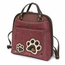 NEW CHALA BURGUNDY DOG PAWPRINT CONVERTIBLE BACKPACK PURSE FAUX LEATHER CANVAS