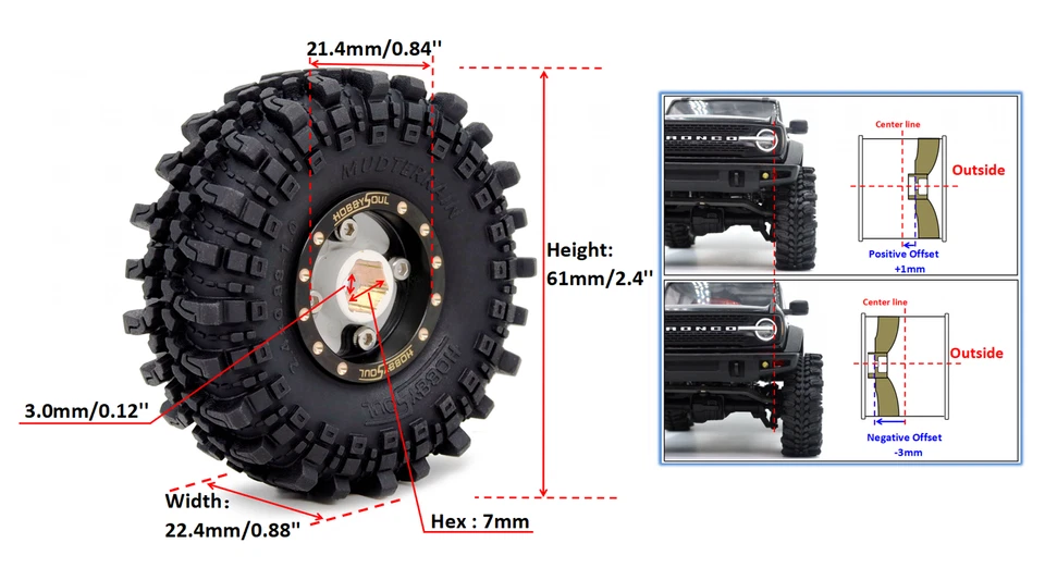 4x RC Brass 1.0 Beadlock Wheels tires Adjustable Offset For Scx24 TRX4M Crawler - Image 3 of 4