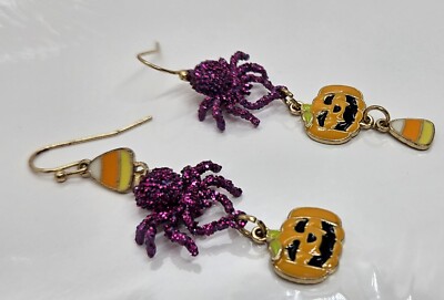 Candy Corn Pumpkin Spider Earrings Pierced Glitter Enamel Halloween 2 1/4''
