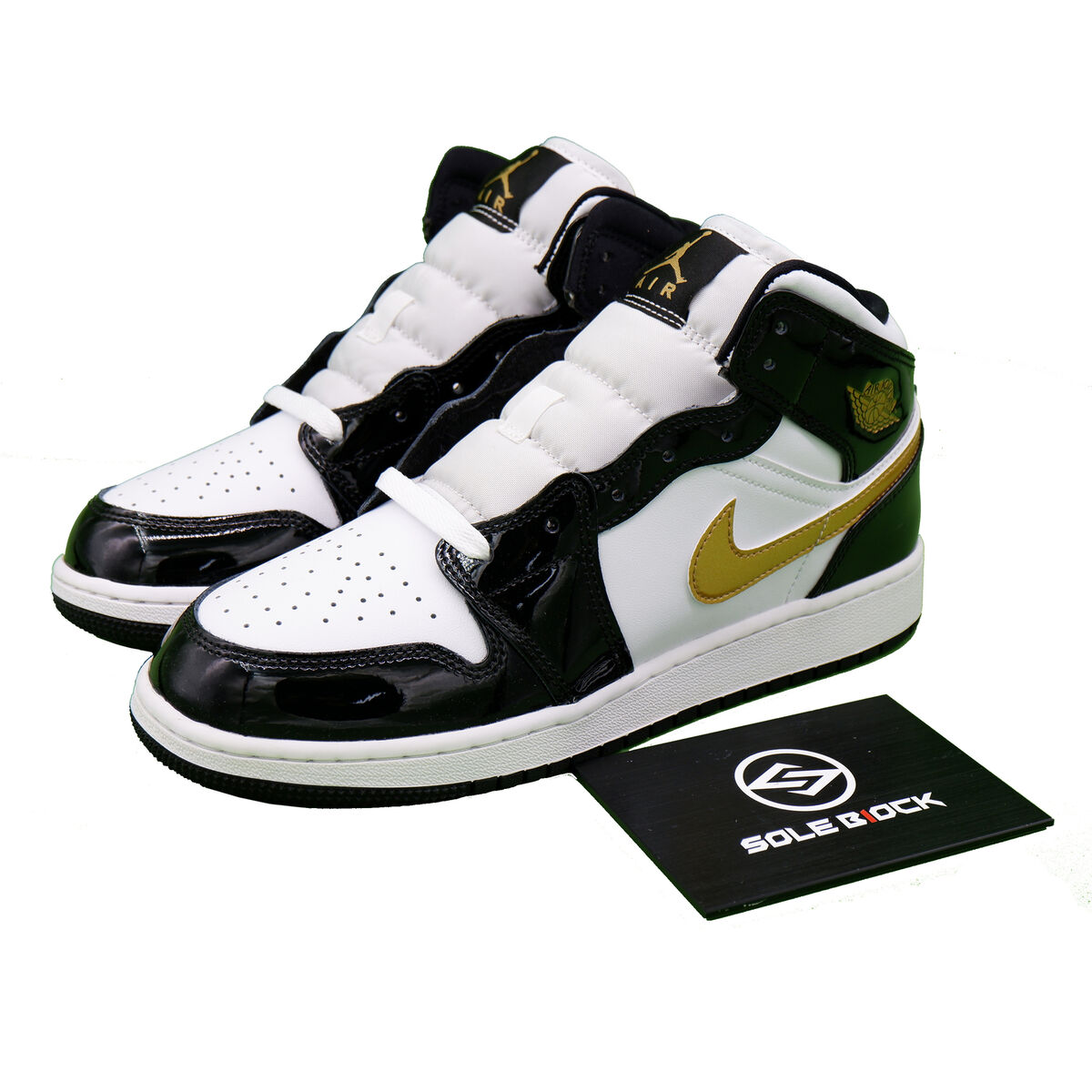 Air Jordan 1 Mid Patent Black White Gold Men 852542-007 GS Air Jordan 1 Mid Patent Black White Gold Men 852542-007 GS