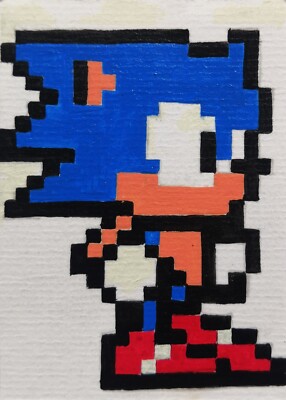 New Original Painting Miniature Pixel Drawing Art ACEO Sonic Portrait Handmade