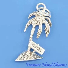 Coconut Palm Tree with Florida Sign 925 Sterling Silver Charm MADE IN USA