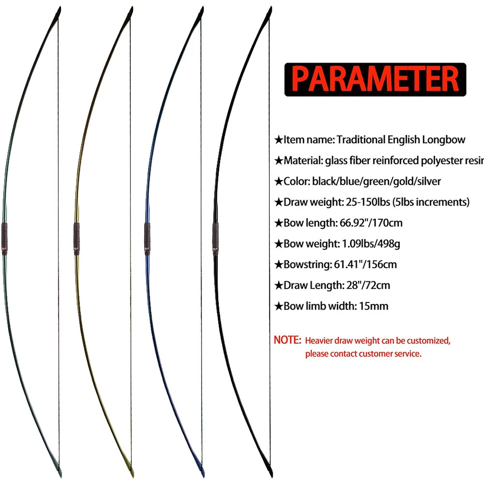 67" English Longbow 20-120lbs Straight Bow Traditional Archery Hunting Shooting - Image 4 of 4