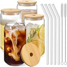 4 Pack Beer Can Glass With Bamboo Lid And Glass Straw Iced Coffee Cup