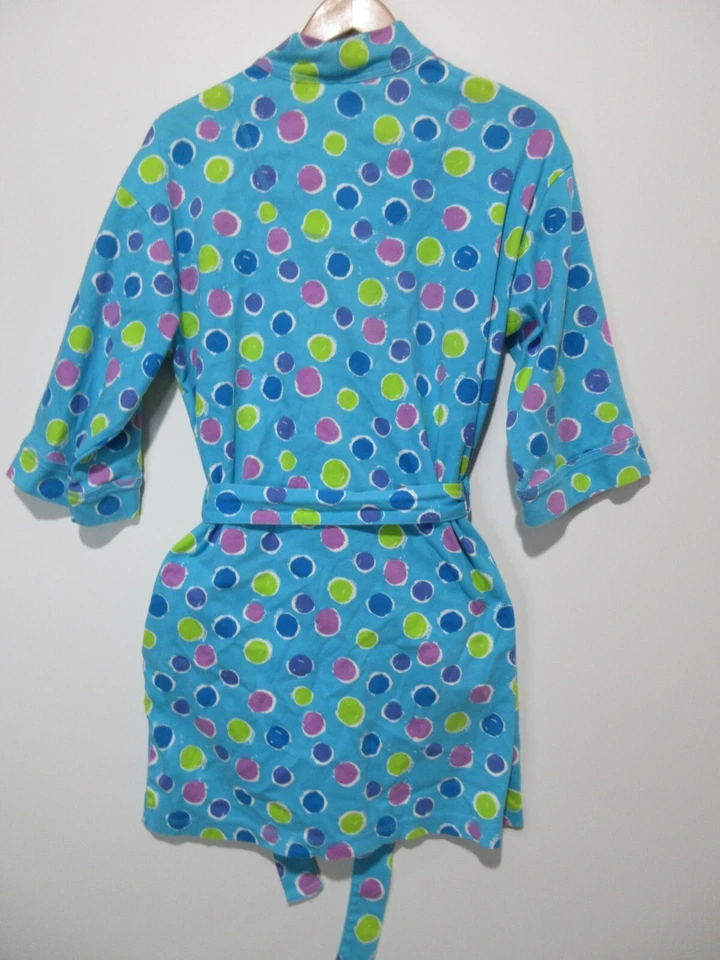 Tamanho M VINTAGE Y2K Cabernet ALGODÃO Feminino Roupão de Banho Curto Azul Bolinhas Cinto de Gravata - Imagem 3 de 4