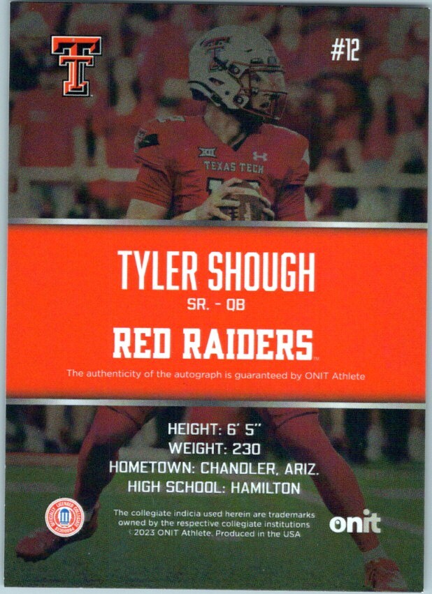 2023 Tyler Shough Texas Tech Saints Onit Athlete ON CARD AUTO /290 W232 ...