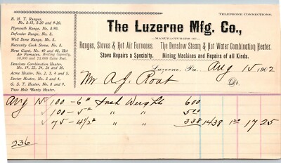 1902  Luzerne Mfg. Co.   Pennsylvania    Receipt   8'' x 5''
