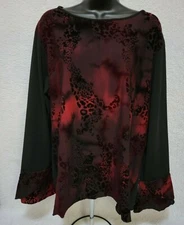 JBX Exclusive Womens Shirt Top Blouse Size 2X Red Black Leopard Print Velor FEEL