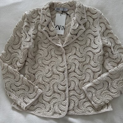 Zara Ecru Cream Beaded Crochet Open Knit Blazer Size Medium NWT $129