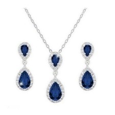 Parure bijou femme 3PC argent goutte Bo Collier sertie bleu saphir diamant Cz