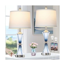 Blue Glass Table Lamp Set of 2 with USB C A Ports  AC Outlet, Bedside Lamp, ...