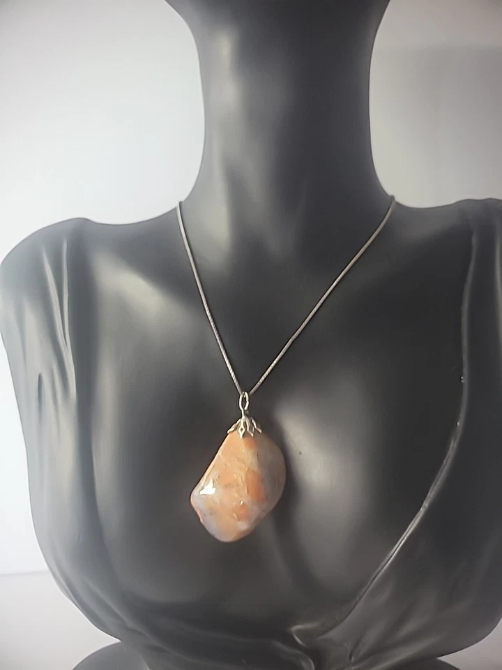 Collar Cadena Vintage Tono Plata Colgante Ágata Rojo Marrón Púrpura Acento Joyería Foto 3 de 4