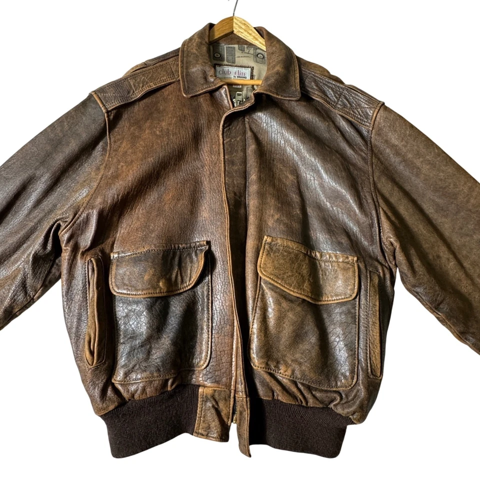 Vintage Club Elite Brooks Distressed Leather Bomber Jacket Size Medium 1990's - Image 3 of 4