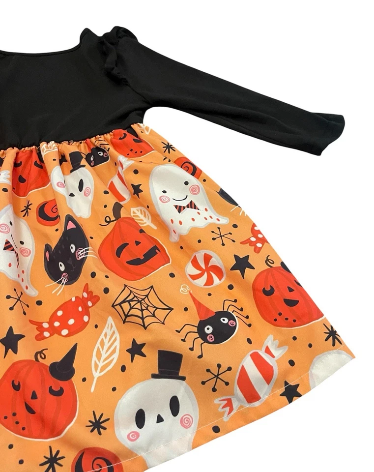 Niñas Naranja y Negro Calabaza, Fantasma, Gato, Diseño, Vestido de Halloween Talla 3 a 4 años Foto 3 de 4