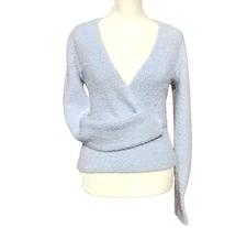 Women's New Winter Sweater Medium Blue V Neck Cropped Cozy Pink Rose Pullover