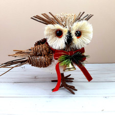 Natural Sisal Owl Ribbon Bell Snow Glitter Faux Fur Chest 7 in Winter