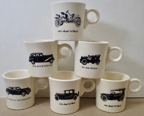 1900s Set of (6) Fiesta Homer Laughlin BUICK Antique Cars Mugs Vitrified Ceramic